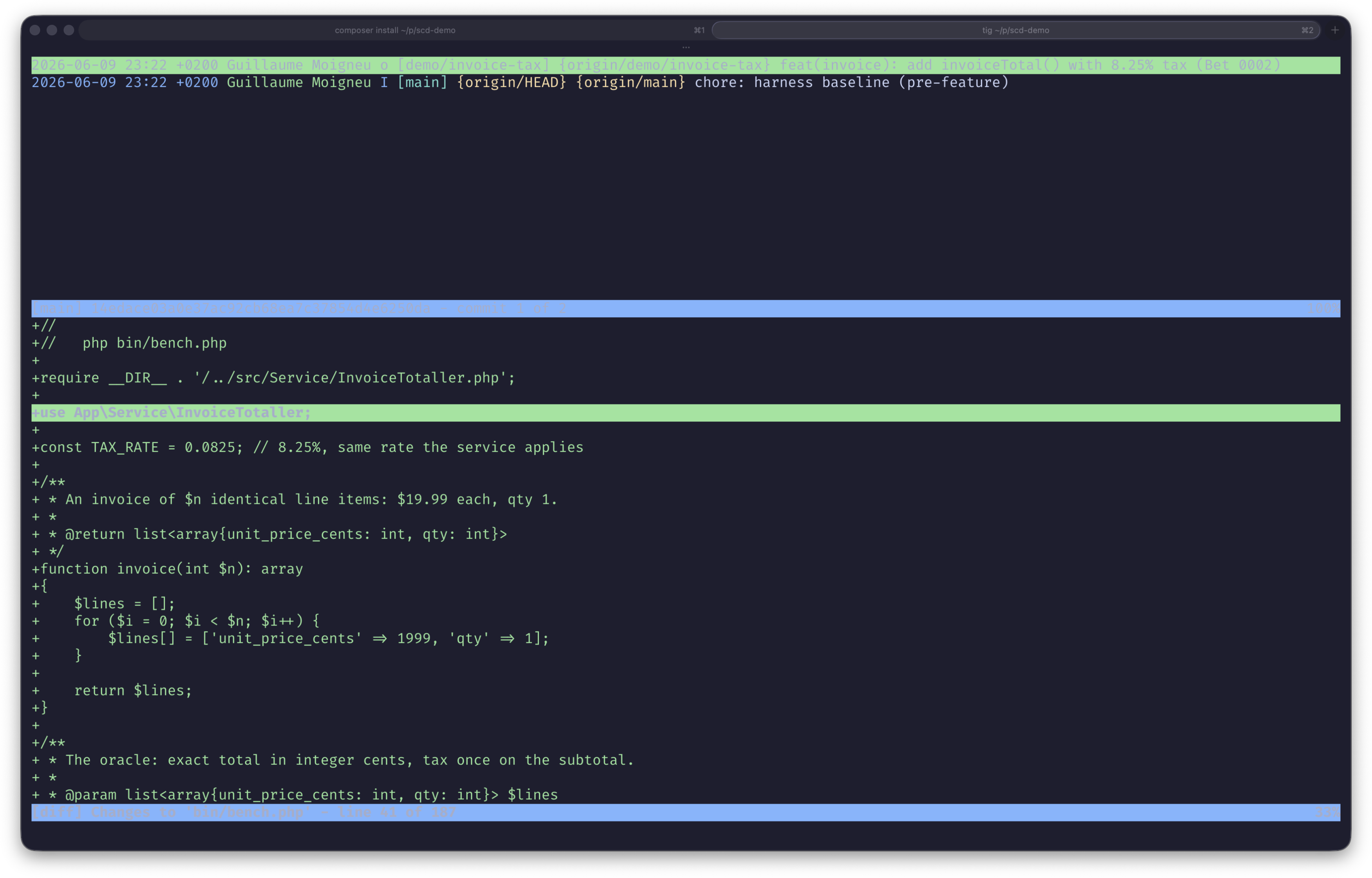 Git diff of the cart-price-rule branch: a new InvoiceTotaller service plus a bench.php harness that generates N identical line items and computes an exact total in integer cents, taxing once on the subtotal.