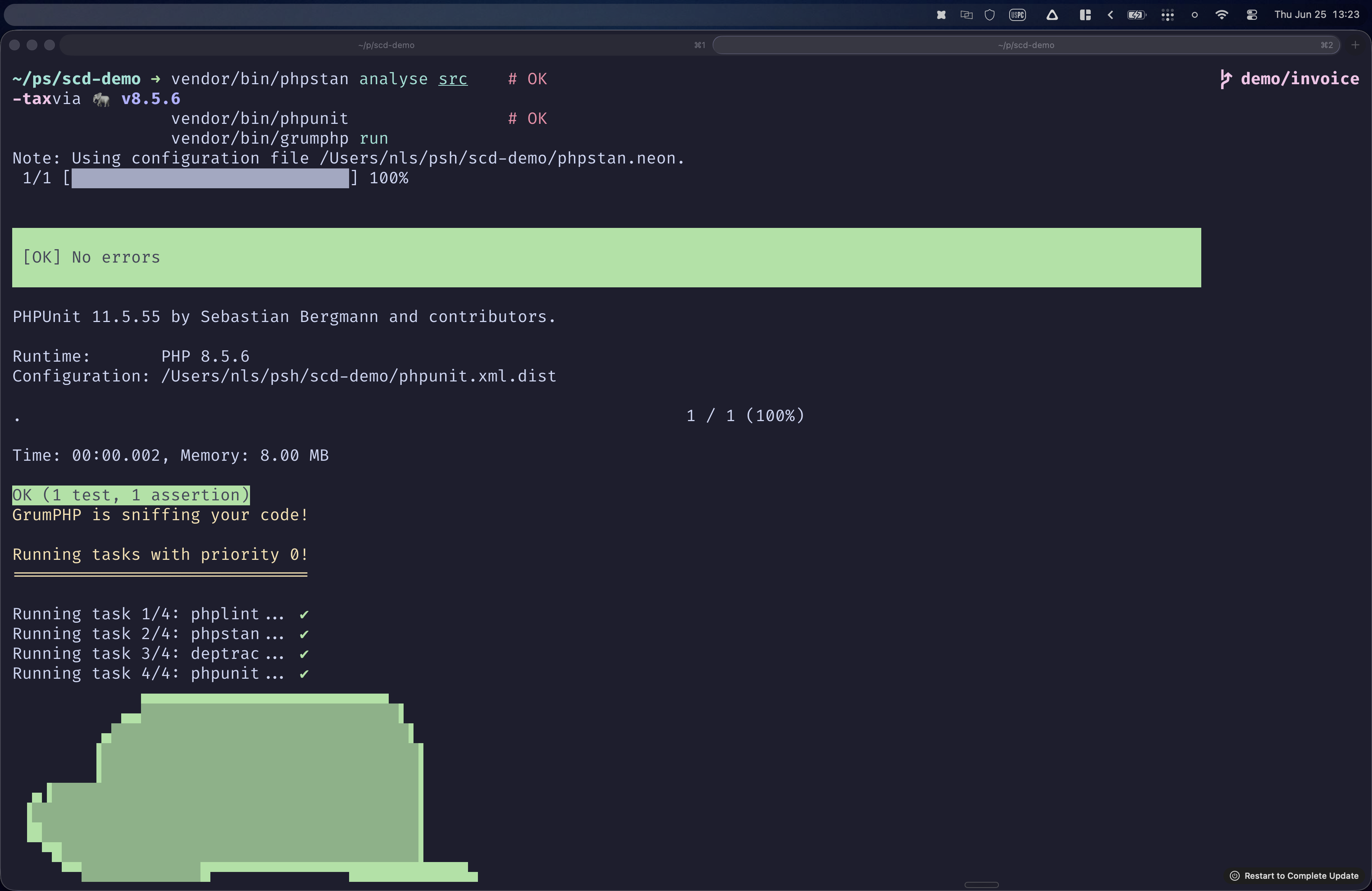 Terminal showing phpstan '[OK] No errors', phpunit 'OK (1 test, 1 assertion)', and GrumPHP running phplint, phpstan, deptrac and phpunit — all four tasks green.